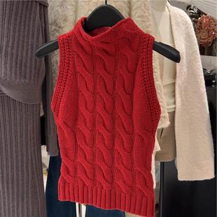小香风红色无袖 半高领针织背心女高级感显瘦打底上衣