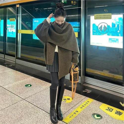 灰色围巾斗篷羊毛双面呢大衣2025冬咖色中长款韩版披肩毛呢外套女