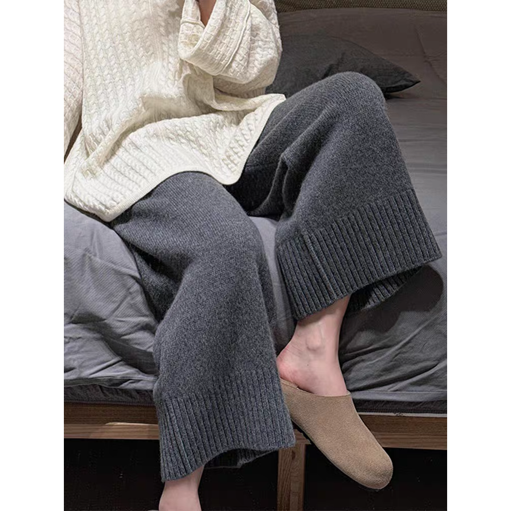 灰色针织阔腿裤女高腰垂感宽松显瘦休闲慵懒风小个子直筒遮跨卫裤