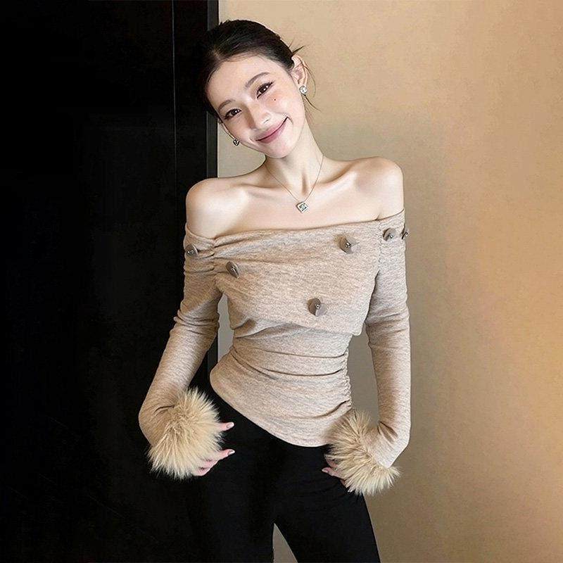 性感辣妹修身显瘦一字肩上衣女秋冬季气质高级感褶皱百搭毛绒T恤,女装/女士精品,羊绒衫,淘宝优惠券,粉丝福利购,淘宝优惠卷