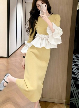 CHAO级推荐！早春一整套黄色衬衫女花边拼接修身上衣+半身裙套装