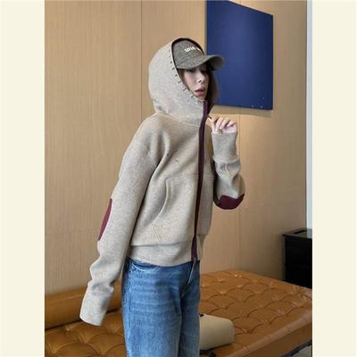 2025秋季简约百搭休闲风上衣美式复古慵懒chic燕麦色连帽卫衣外套