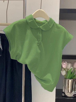 牛油果绿翻领正肩短袖T恤女2024新款夏季甜辣妹POLO衫小飞袖上衣