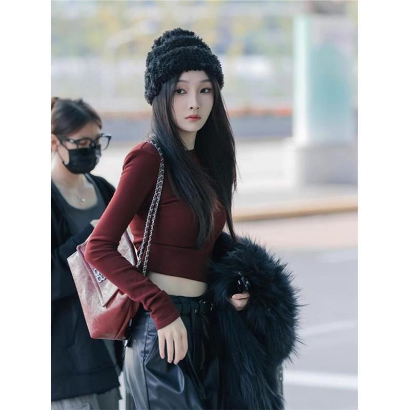 韩系chic别致上衣短款打底衫女早秋季紧身安可拉红色内搭长袖T恤