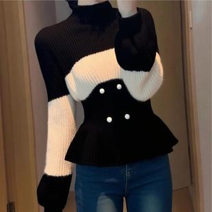 休闲软糯小衫 女秋冬款 毛衣针织衫 优雅chic黑白撞色高领荷叶边长袖