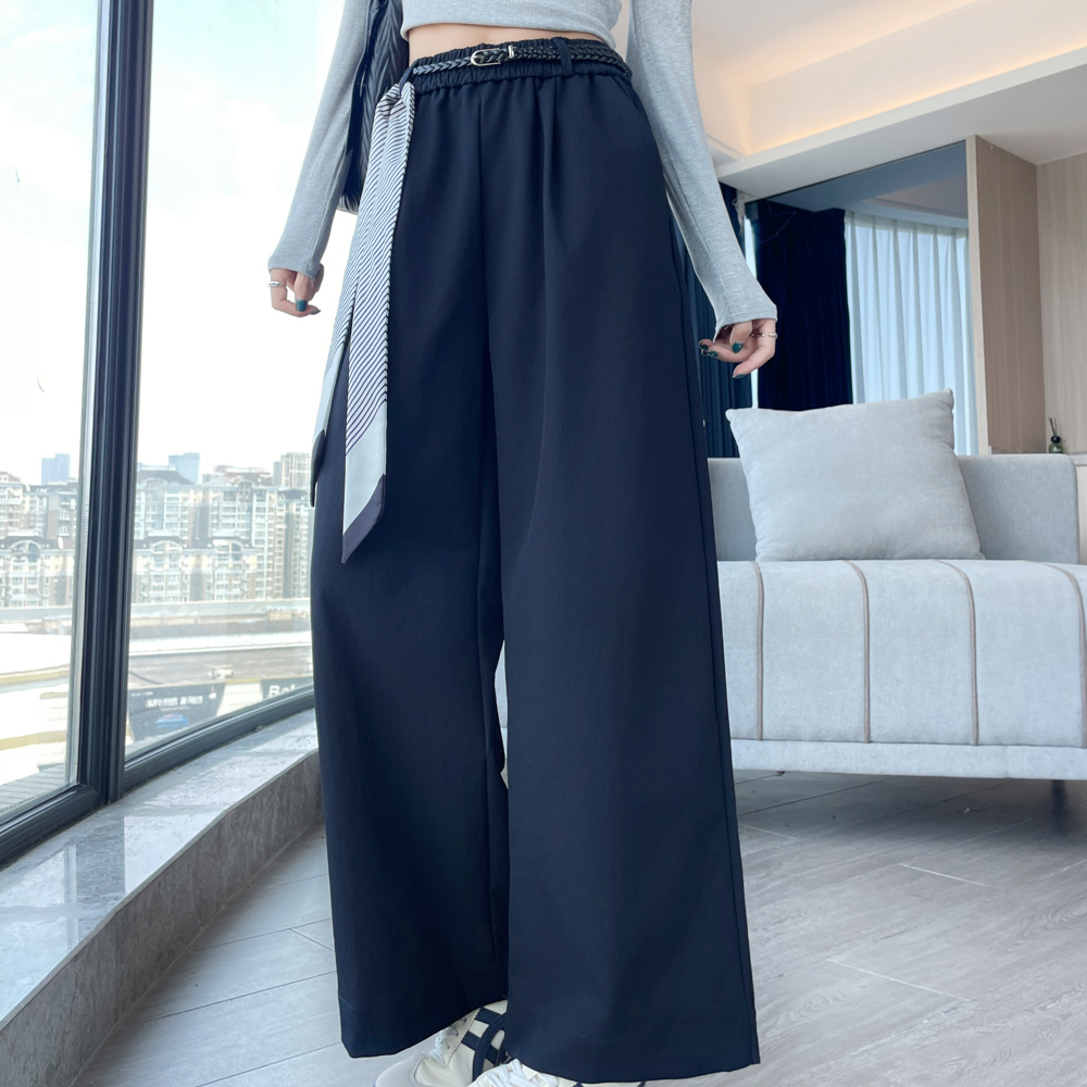 推荐！条纹丝巾松紧腰休闲裤女宽松阔腿直筒简约百搭纯色长裤子