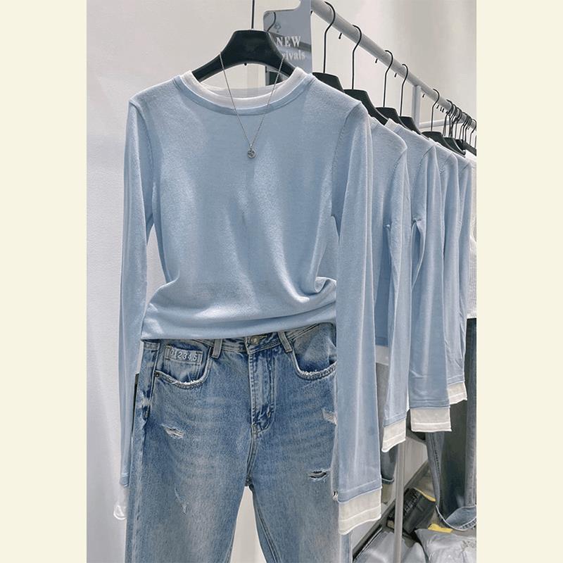 多巴胺蓝色修身显瘦长袖T恤女秋季新款设计感小众气质内搭打底衫
