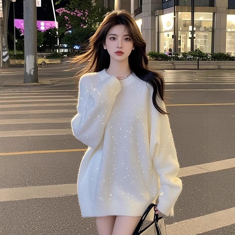 韩系慵懒风细闪针织衫女2025冬季新款高级感宽松显瘦圆领套头毛衣