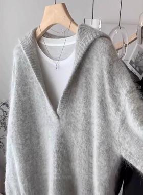 无D推荐！欧货高端灰色羊驼毛毛衣女秋冬加厚宽松V领慵懒风针织衫
