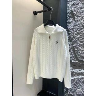 麻花翻领半拉链立领小马刺绣针织上衣休闲外穿百搭毛衣套头 韩式