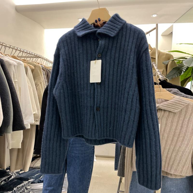 加厚黑色短款螺纹POLO领羊毛针织开衫女2025秋冬新款慵懒毛衣外套
