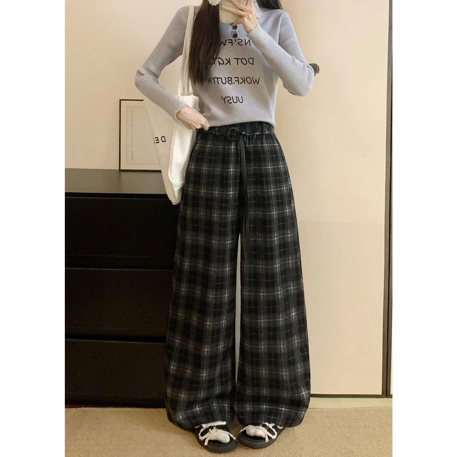 今年流行松紧腰复古格子休闲裤宽松阔腿裤直筒长裤子春秋女送腰带