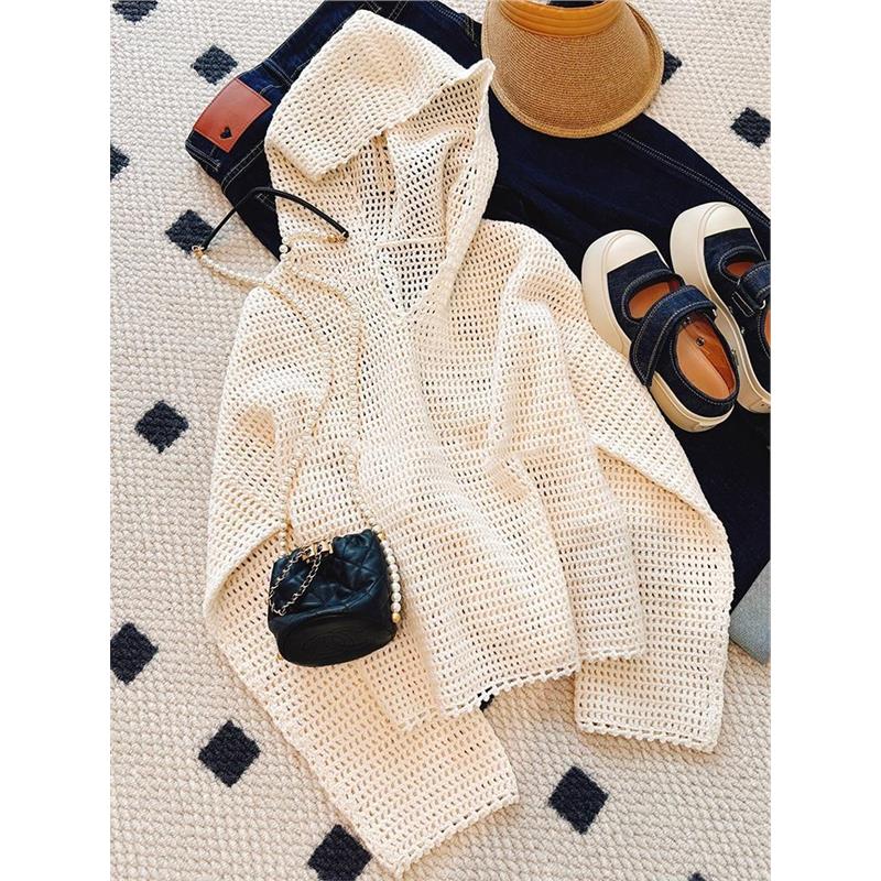 原物高定CHAO级！文艺复古防晒罩衫亚麻上衣镂空连帽针织衫女