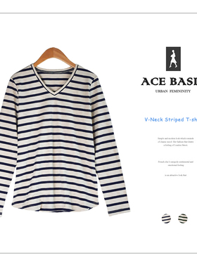 外贸纯棉条纹V领长袖T恤休闲百搭直筒打底衫打底上衣