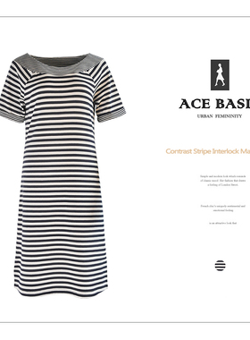 外贸条纹拼色中袖连衣裙插肩袖全棉双面布长裙