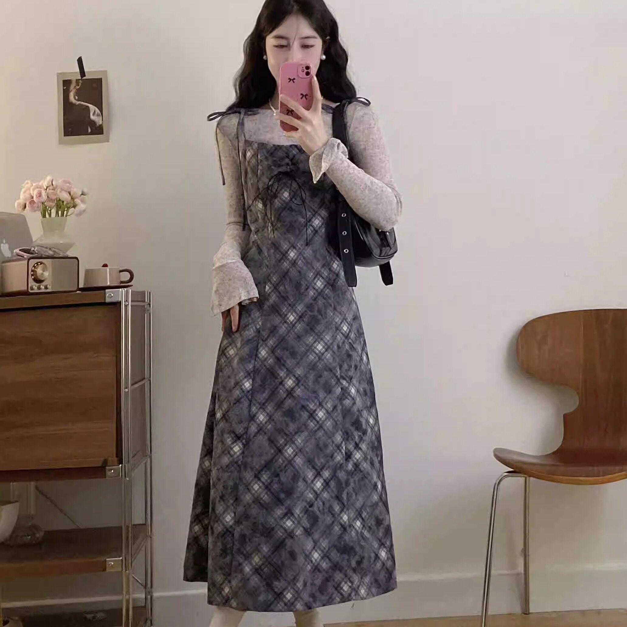 蕾丝花边菱格装饰吊带连衣裙2024夏季新款韩版女装修身长款A字裙