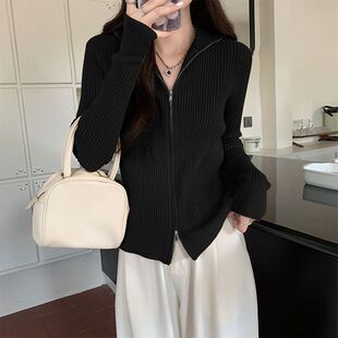 【福利清仓】秋冬新款设计双拉链针织开衫外套修身显瘦百搭毛衣