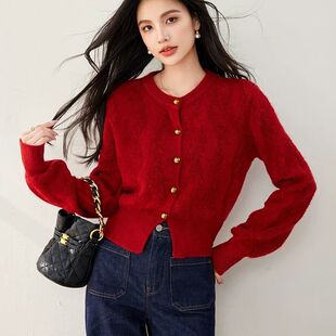【福利清仓】秋冬季高级感针织开衫女设计感小众别致百搭红色毛衣
