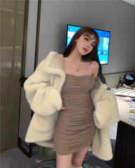 Real shot real price ~ elegant cinnamon one shoulder Strapless long sleeve high waist mesh slim fitting hip dress