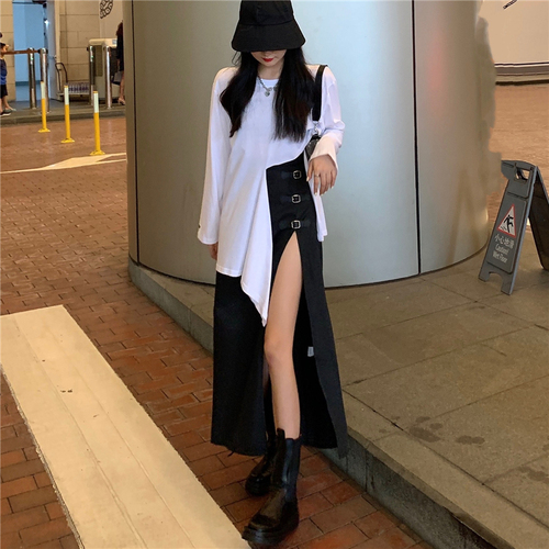 Real shot real price ~ irregular cut open Waist Long Sleeve T + dark girl split leg long buckle skirt