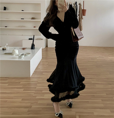 Real shot real price spring collar long sleeve pleated yarn Bunny hem decorative temperament women's velvet dress