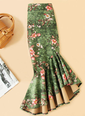 复古碎花鱼尾半身裙女长款高腰绿色花裙子大码包臀长裙长包裙秋冬