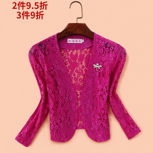 旗袍外搭薄款 女装 礼服开衫 显瘦夏季 修身 玫红色蕾丝披肩短外套大码