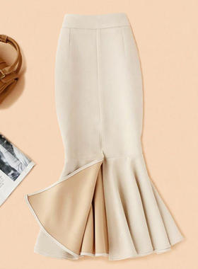 白色鱼尾半身裙女秋冬包臀中长款高腰冬季裙子麂皮绒包裙米色长裙