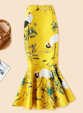 高端黄色绣花a字半身裙女秋冬气质鱼尾半裙高腰长裙刺绣一步裙子