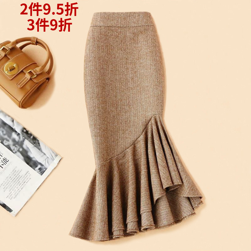 不规则卡其色毛呢鱼尾半身裙秋冬女中长包裙高腰羊毛长裙包臀冬裙