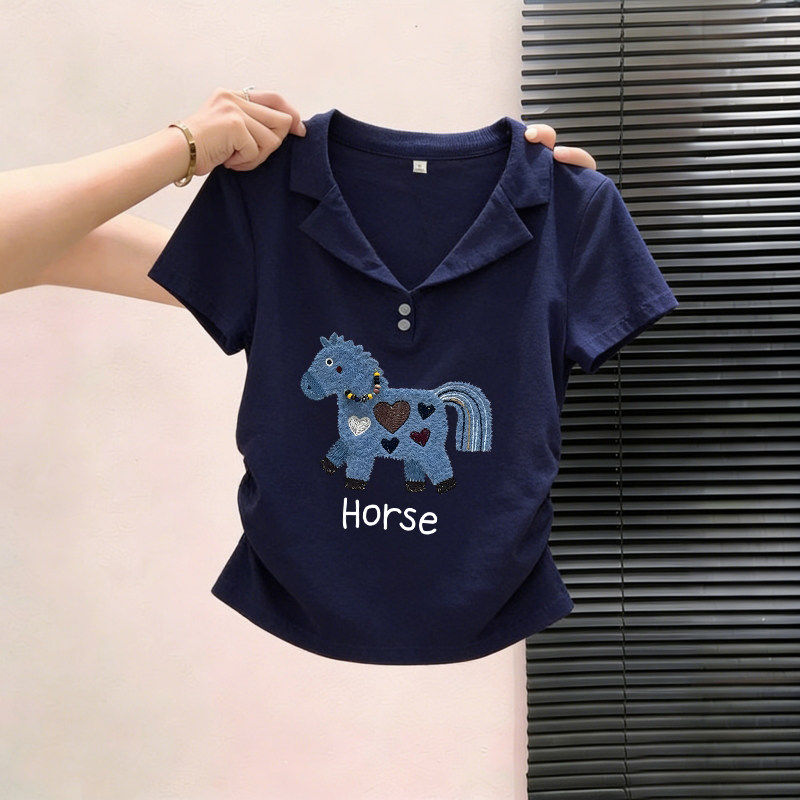 正肩polo领短袖t恤女夏季2026爆款修身显瘦小众独特超好看上衣ins