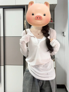 纯欲风白色v领防晒衣女款夏季薄纱长袖罩衫宽松T恤上衣设计感小众