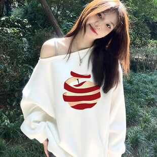 秋冬白色露肩卫衣女新款2025爆款加绒加厚高级感超好看遮屁股外套