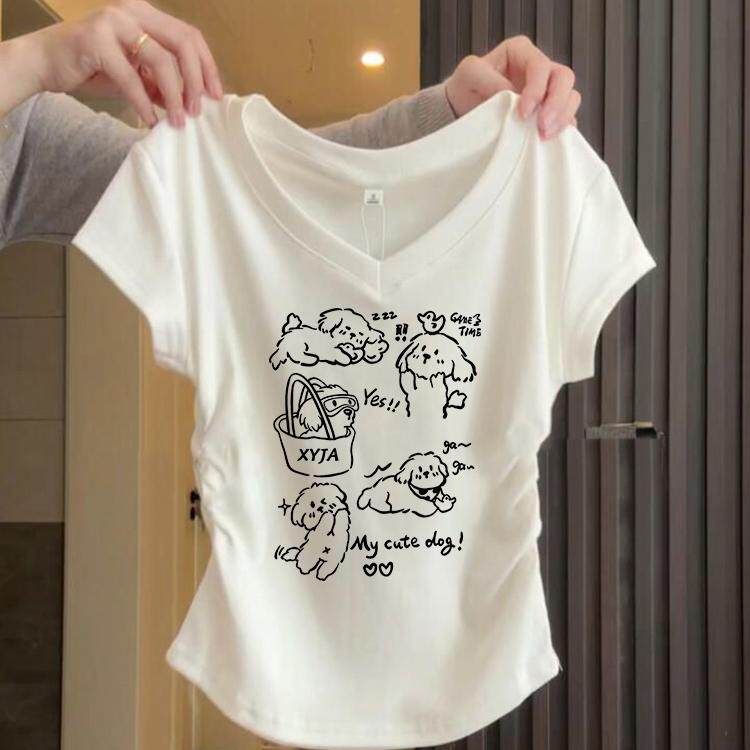 白色法式短款t恤上衣女生v领棉抽褶正肩修身甜辣妹风短袖体恤夏季