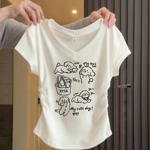 白色法式短款t恤上衣女生v领棉抽褶正肩修身甜辣妹风短袖体恤夏季