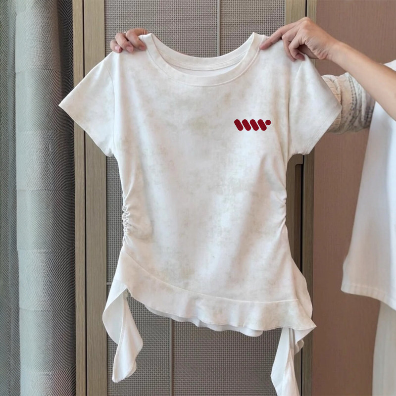 修身短款T恤女装夏季休闲百搭荷叶边拼接上衣设计感扎染短袖正肩