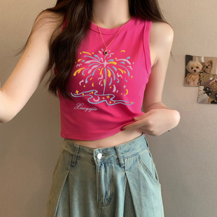 修身短款吊带t恤女生超火玫红色运动风辣妹背心小上衣ins夏季新款