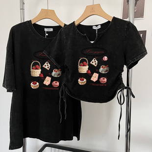 做旧水洗侧边系带短袖t恤女夏季显瘦体恤衫短款两侧抽绳辣妹上衣