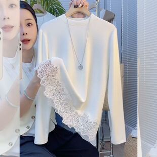 正肩白色加绒蕾丝花边下摆宽松打底衫女秋冬德绒磨毛正肩长袖上衣