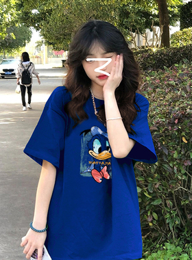 克莱因蓝色卡通印花短袖大t恤女夏季设计感小众宽松体恤正肩上衣