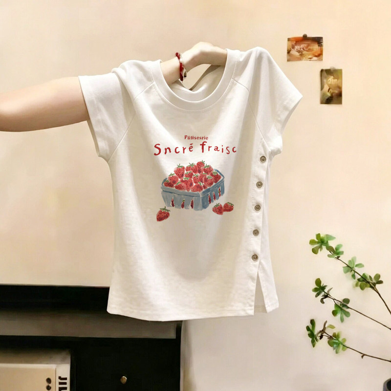 超好看白色正肩开叉纽扣短袖T恤女夏季修身显瘦甜美减龄漂亮上衣