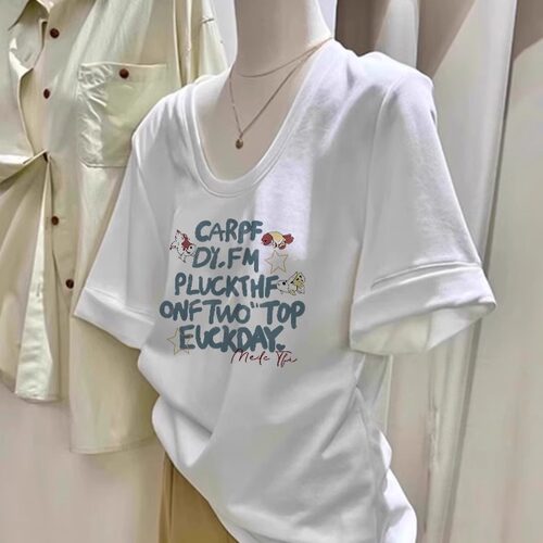 欧货u领棉短袖t恤女夏季设计感