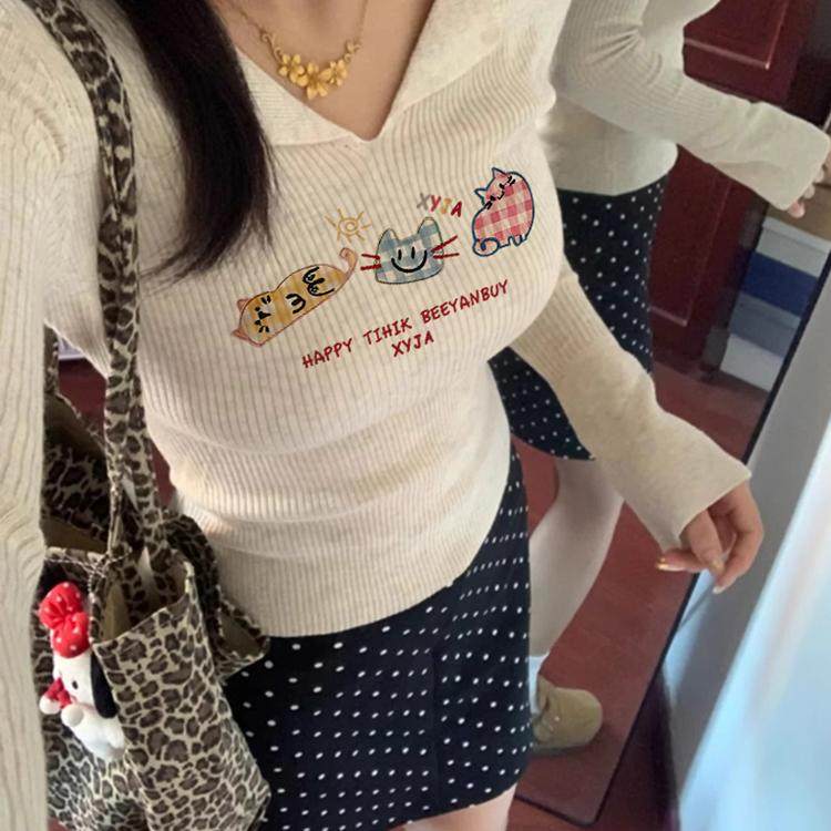 Polo领修身长袖针织打底衫女秋冬