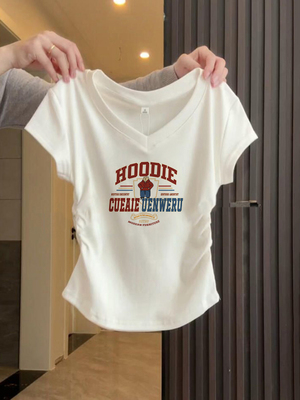 v领修身抽褶短袖女夏季白色