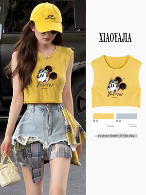 短款无袖针织背心女夏季时尚黄色