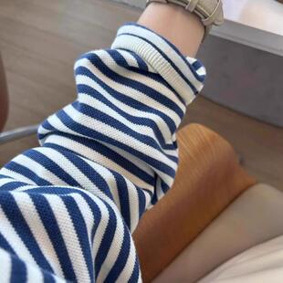 超火潮流chic松弛感慵懒风宽松长袖 秋季 上衣 蓝白条纹卫衣女款 韩版