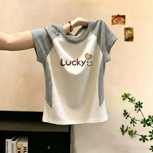 字母印花撞色侧边插肩短袖T恤女