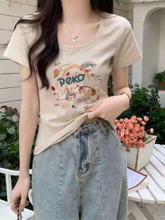 设计感小众修身 t恤女夏季 体恤独特别致上衣服 复古棉正肩短袖 美式