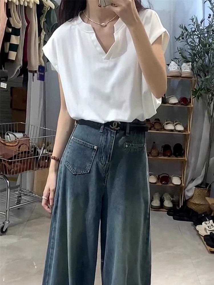 小个子白色v领短袖t恤女夏季宽松图片