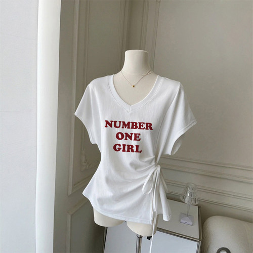 短袖t恤女夏季字母印花V领绑带